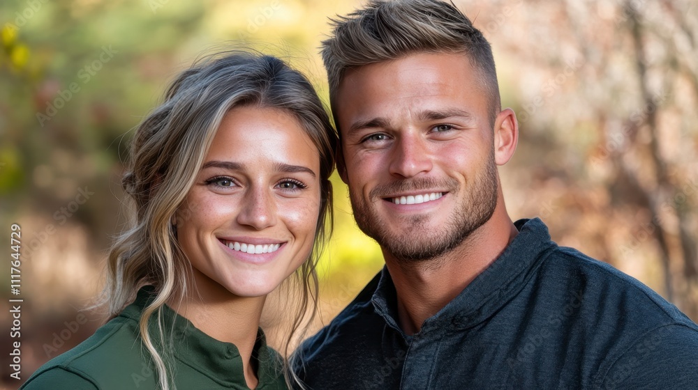 Smiling couple in a natural setting during golden hour Smiling couple in a natural setting during golden hour