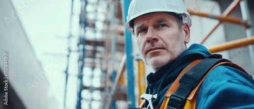 A detailed view of a scaffolder in a hard hat and safety harness, holding a wrench and looking directly at the camera, with scaffolding being assembled in the background photo