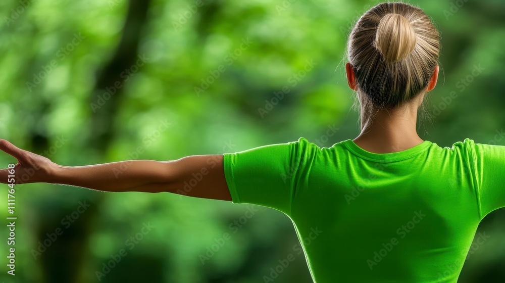 Woman stretching her arms in a vibrant green forest Woman stretching her arms in a vibrant green forest