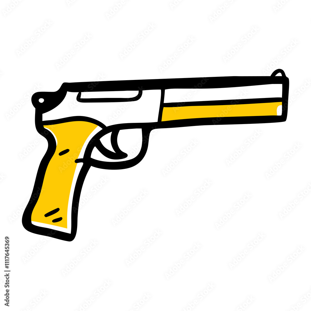 A stylized yellow and white handgun is depicted with bold black outlines A stylized yellow and white handgun is depicted with bold black outlines