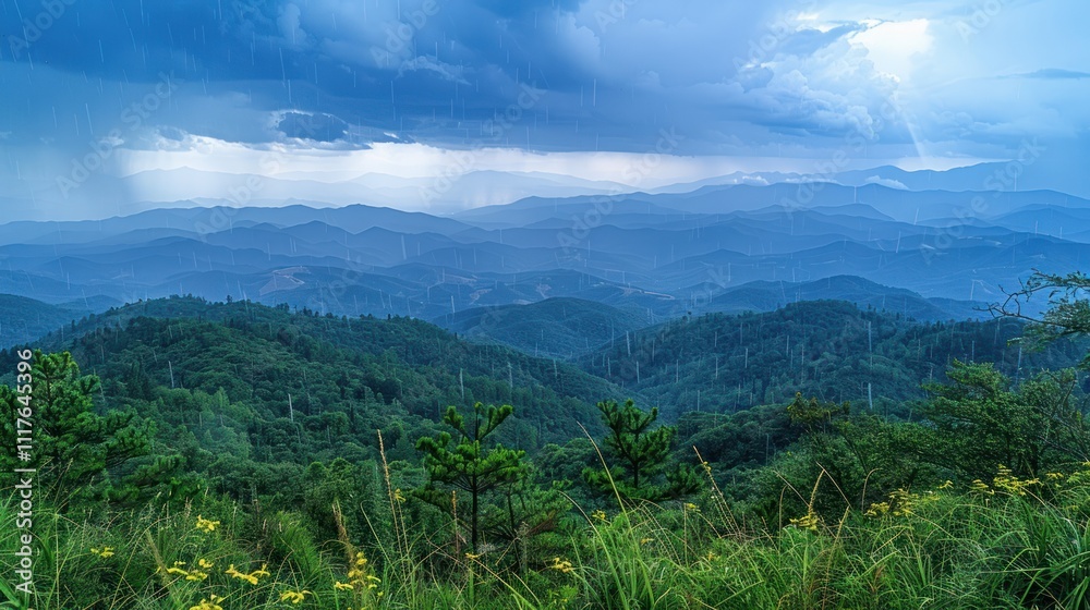 Panoramic view of lush green mountains under a stormy sky. Panoramic view of lush green mountains under a stormy sky.