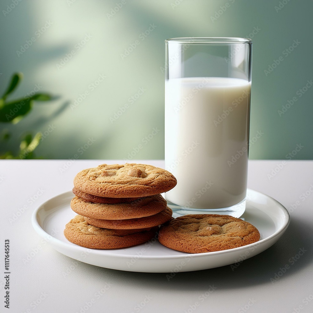 Glass of milk paired with stacked cookies on a white plate, set on a clean table with copy space, perfect for healthy snack visuals Glass of milk paired with stacked cookies on a white plate, set on a clean table with copy space, perfect for healthy snack visuals