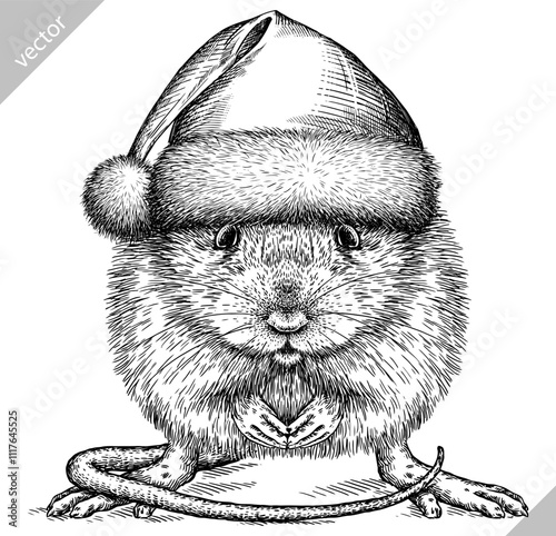 Vintage engraving isolated mouse set dressed christmas illustration mice ink santa costume sketch. Rat background rodent silhouette gnawer hamster new year hat art. Hand drawn vector image