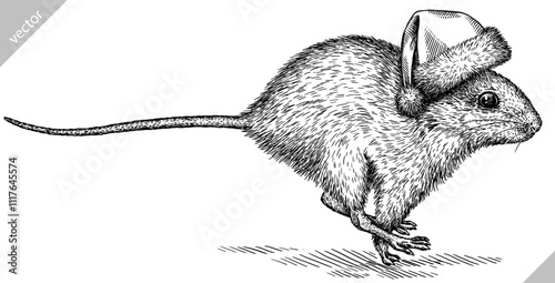 Vintage engraving isolated mouse set dressed christmas illustration mice ink santa costume sketch. Rat background rodent silhouette gnawer hamster new year hat art. Hand drawn vector image