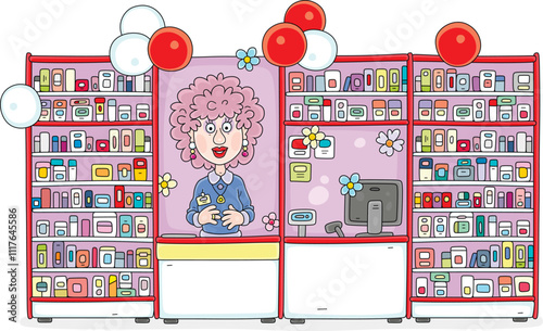 Cosmetics salesgirl behind a counter of a stall in a shop, vector cartoon illustration on a white background