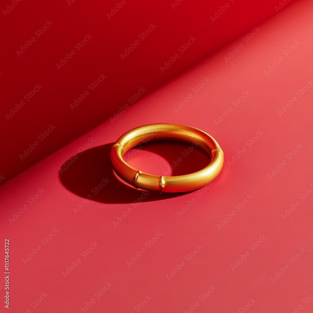 A gold bamboo ring symbolizing unity, placed vertically in a minimal design space on a red surface A gold bamboo ring symbolizing unity, placed vertically in a minimal design space on a red surface