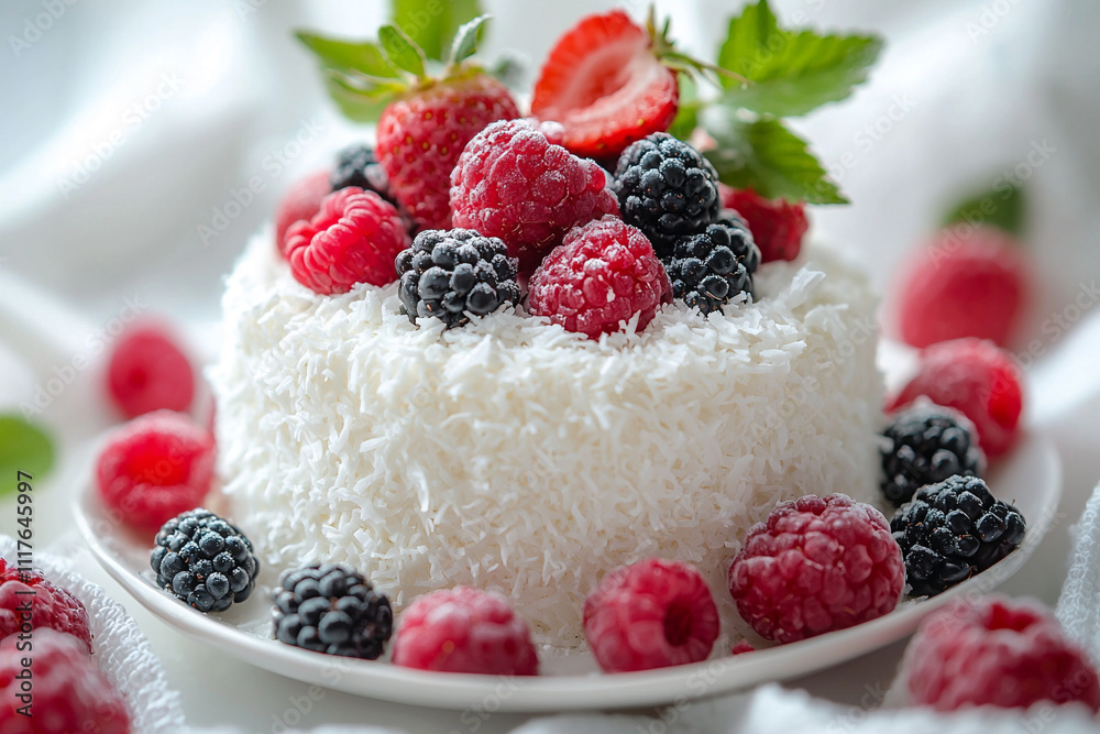 a light and fluffy coconut cake topped with a a light and fluffy coconut cake topped with a