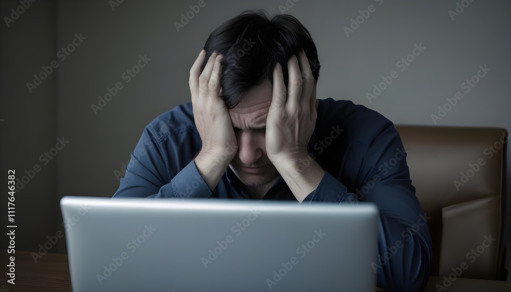 A middle-aged Caucasian man sitting at a desk, covering his face with his hands in a gesture of distress or frustration A middle-aged Caucasian man sitting at a desk, covering his face with his hands in a gesture of distress or frustration