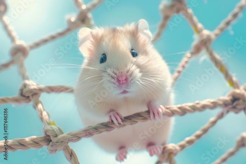 A cute hamster climbing on a rope structure against a soft background. photo