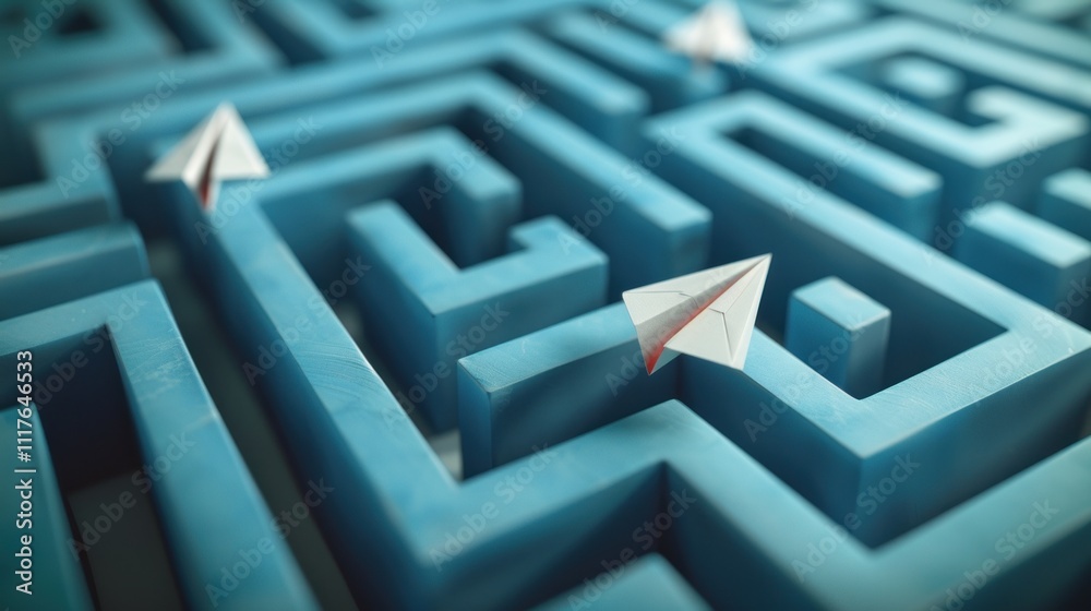 Paper airplanes navigating a complex blue maze, representing challenges and solutions.