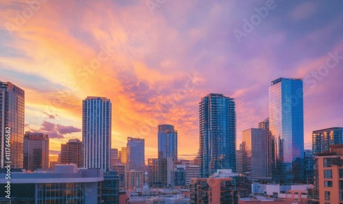 A vibrant sunset over a city skyline, showcasing modern architecture.
