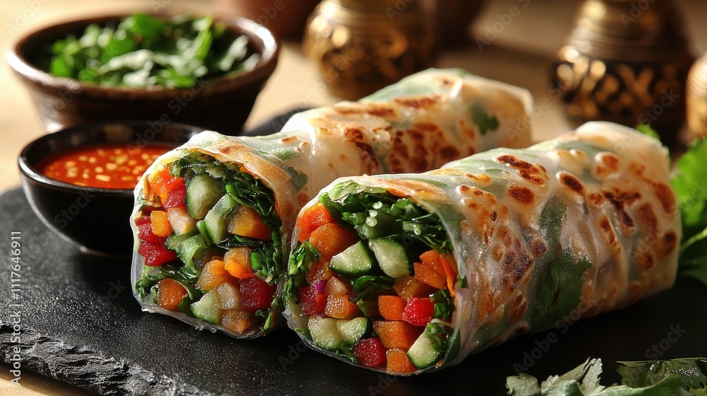 Savoring crispy spring rolls on a black slate plate in a gourmet kitchen setting Savoring crispy spring rolls on a black slate plate in a gourmet kitchen setting