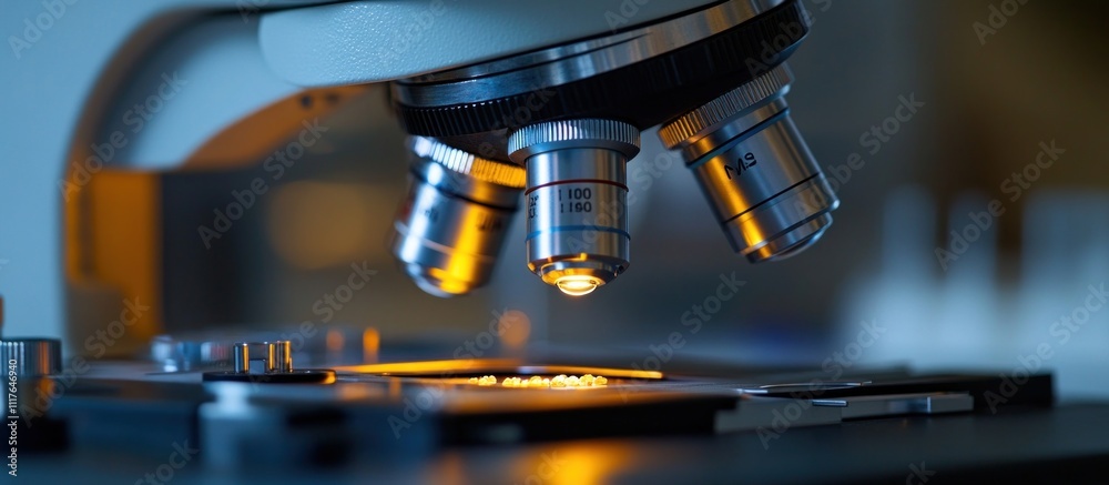 Close-up of a microscope with three lenses, focused on the stage with a sample. Close-up of a microscope with three lenses, focused on the stage with a sample.