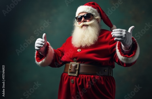 Cool Santa Claus in Black Sunglasses Strikes Awesome Pose at Epic Christmas Party. Cinematic Lighting Illuminates Jolly Saint Nick Making Hip Hand Gestures for Festive Holiday Celebration photo