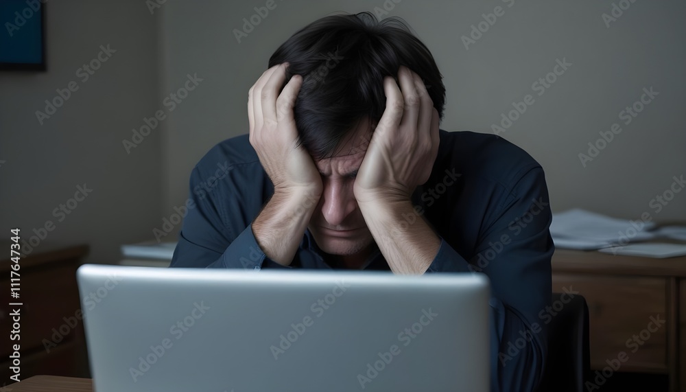 A middle-aged Caucasian man sitting at a desk, covering his face with his hands in a gesture of distress or frustration A middle-aged Caucasian man sitting at a desk, covering his face with his hands in a gesture of distress or frustration