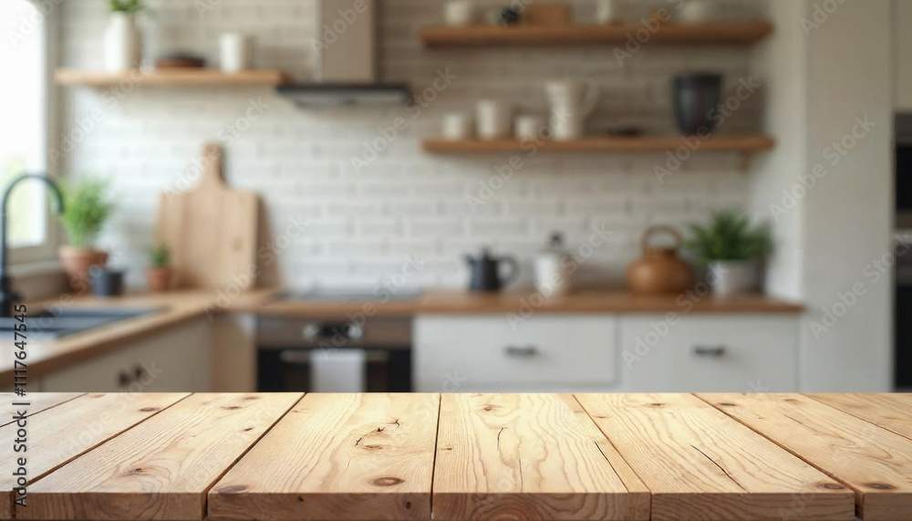 Wood table top on blur kitchen room background .For montage product display or key visual layout. Wood table top on blur kitchen room background .For montage product display or key visual layout.