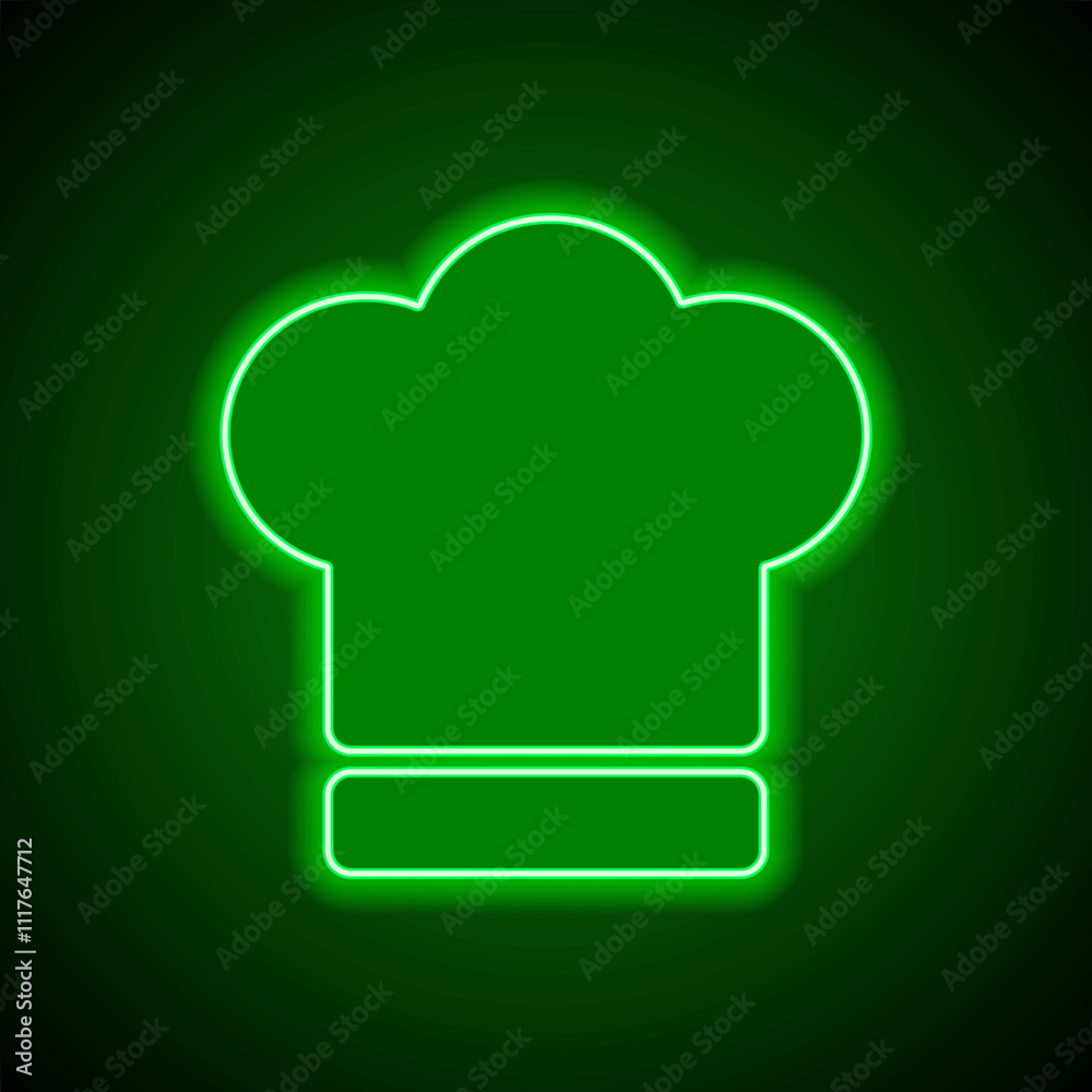 Chef hat, kitchen simple icon. Flat design. Green neon on black background with green light Chef hat, kitchen simple icon. Flat design. Green neon on black background with green light