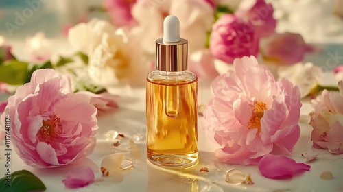 Fototapeta Naklejka Na Ścianę i Meble -  Elegant glass dropper bottle of golden oil surrounded by fresh pink peony flowers, creating a serene atmosphere of beauty and tranquility in a soft-lit setting.