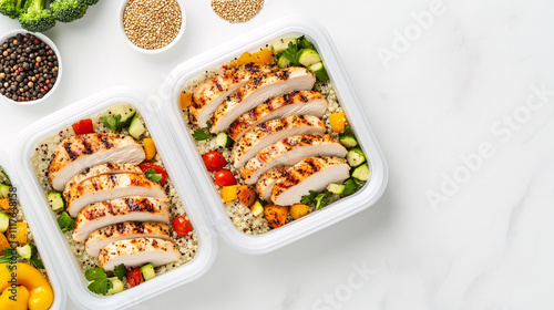 A close-up of neatly arranged meal prep containers filled with a balance of grilled chicken, roasted vegetables, and quinoa. The containers are placed on a white marble countertop, surrounded by