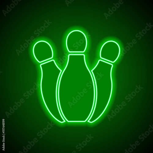 Bowling skittle simple icon. Flat design. Green neon on black background with green light