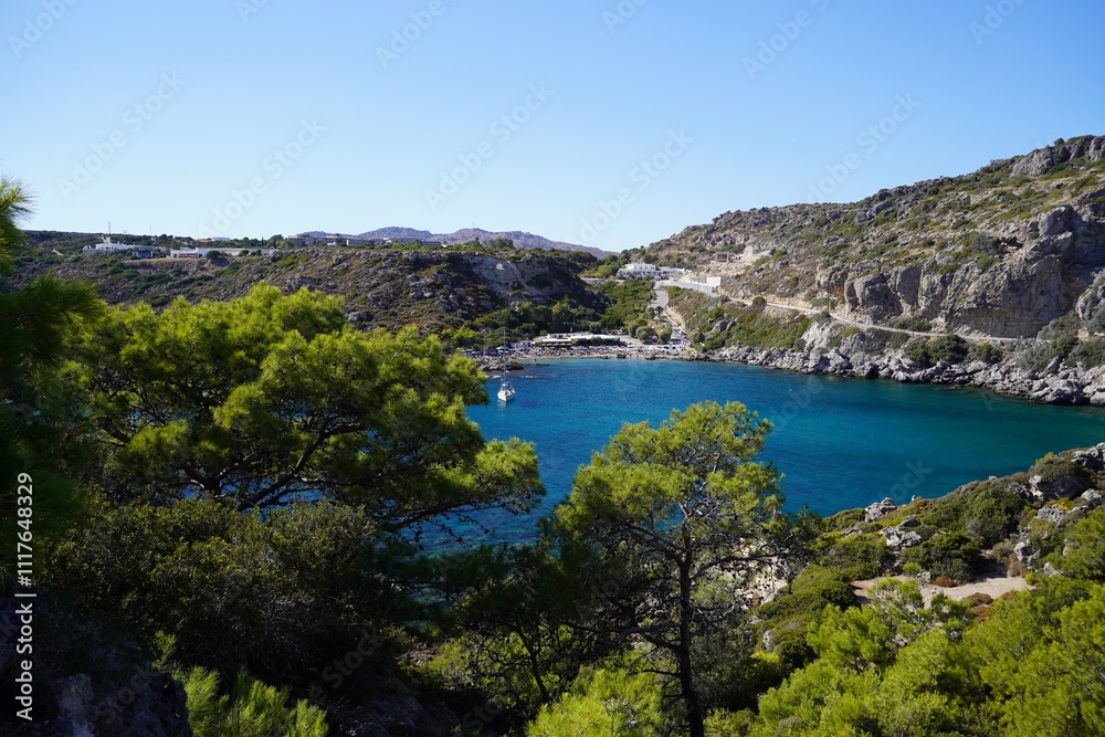turquoise waters of Antony Quinn bay in Greece turquoise waters of Antony Quinn bay in Greece