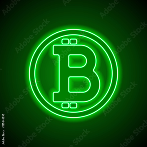 Bitcoin simple icon vector. Flat design. Green neon on black background with green light