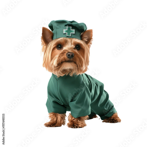 Adorable Yorkshire Terrier Dog Dressed in Green Doctor Costume