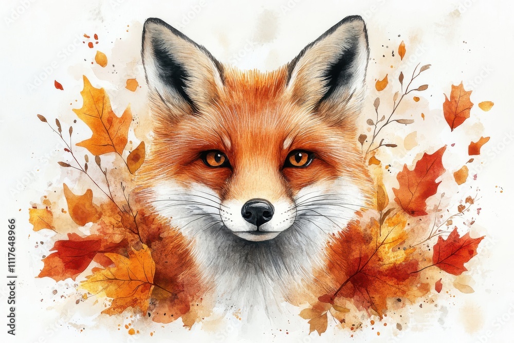Fototapeta premium A detailed illustration of a fox surrounded by autumn leaves and branches.