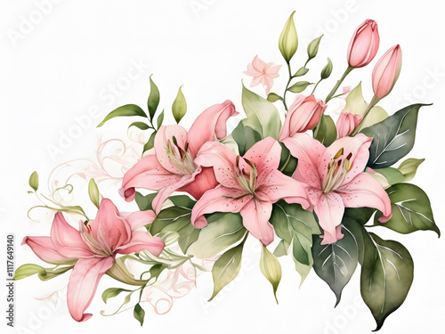 A delicate watercolor painting of a pink lily bouquet. Perfect for adding a touch of elegance and romance to any design.