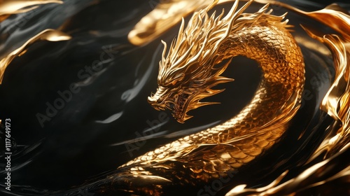 A radiant 3D depiction of a golden dragon circling through a smooth black void photo