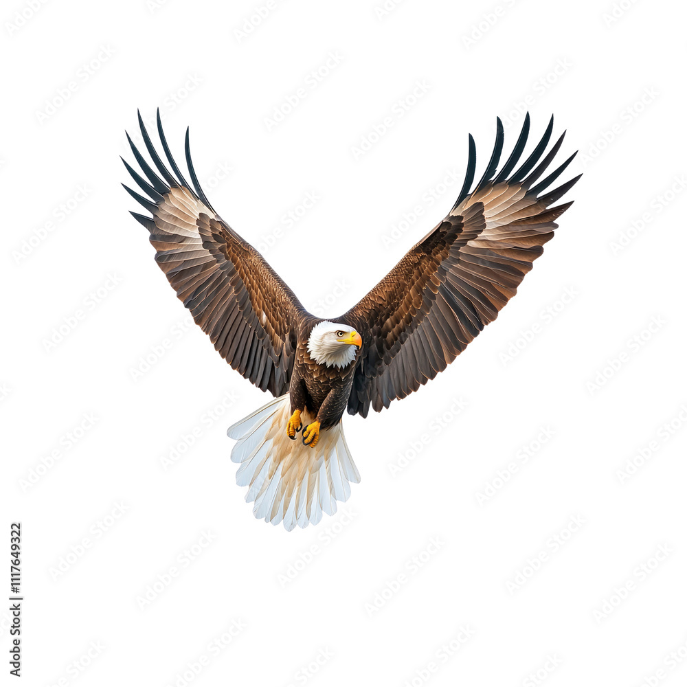 Fototapeta premium Majestic Bald Eagle in Flight Against White Background