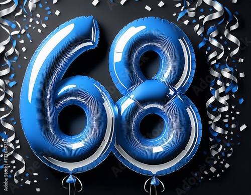 Blue birthday / anniversary balloon, number 68, black background with confetti