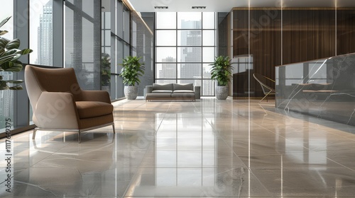 The modern office features sleek, minimalist furniture with a large glass desk and ergonomic chair, positioned near a floor-to-ceiling window with a panoramic city view. 