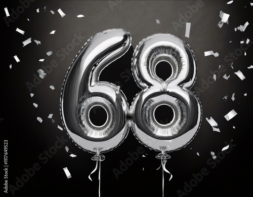 Silver birthday / anniversary balloon, number 68, black background with confetti