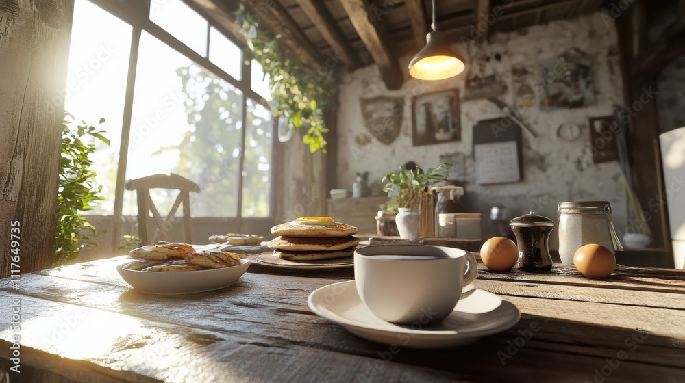 Cozy Morning Breakfast Scene with Freshly Brewed Coffee, Delicious Pancakes, and Tasty Cookies in a Rustic Kitchen Bathed in Natural Light Cozy Morning Breakfast Scene with Freshly Brewed Coffee, Delicious Pancakes, and Tasty Cookies in a Rustic Kitchen Bathed in Natural Light