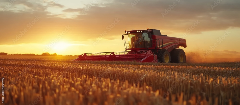 Fototapeta premium Red combine harvester working in a field at sunset, leaving a trail of dust in its wake.