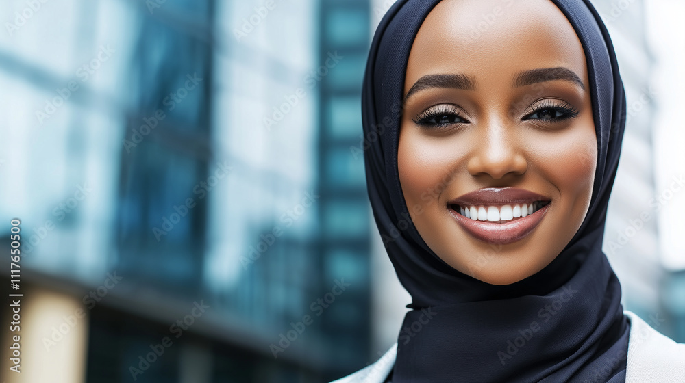 Ambitious Muslim woman wearing a hijab and corporate attire, confidently posed outside a modern office building, representing diversity, gender equality, and ethical leadership Ambitious Muslim woman wearing a hijab and corporate attire, confidently posed outside a modern office building, representing diversity, gender equality, and ethical leadership