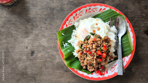 stir fried thai basil with minced pork with fried egg , pad kra pao