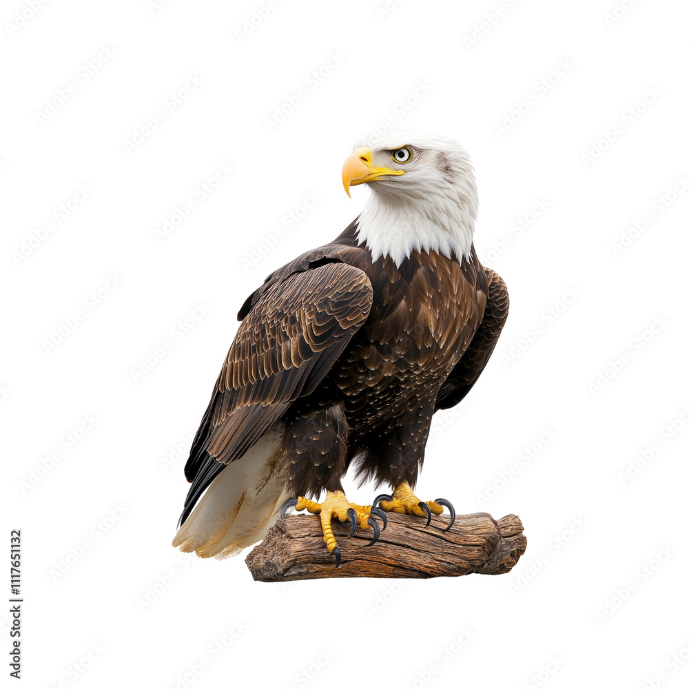 Fototapeta premium Majestic Bald Eagle Perched on a Branch Against a White Background