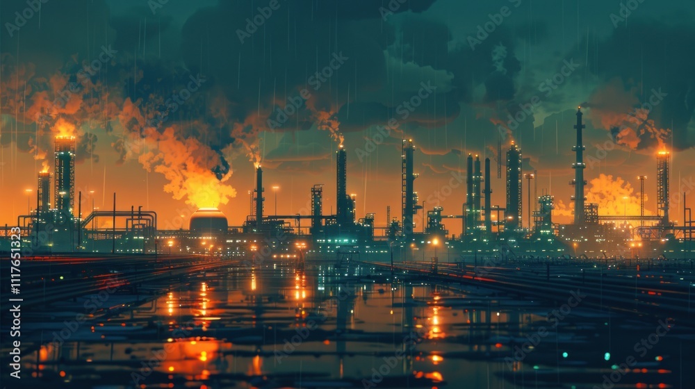 Rain-swept industrial complex at sunset, reflecting in still water. Rain-swept industrial complex at sunset, reflecting in still water.