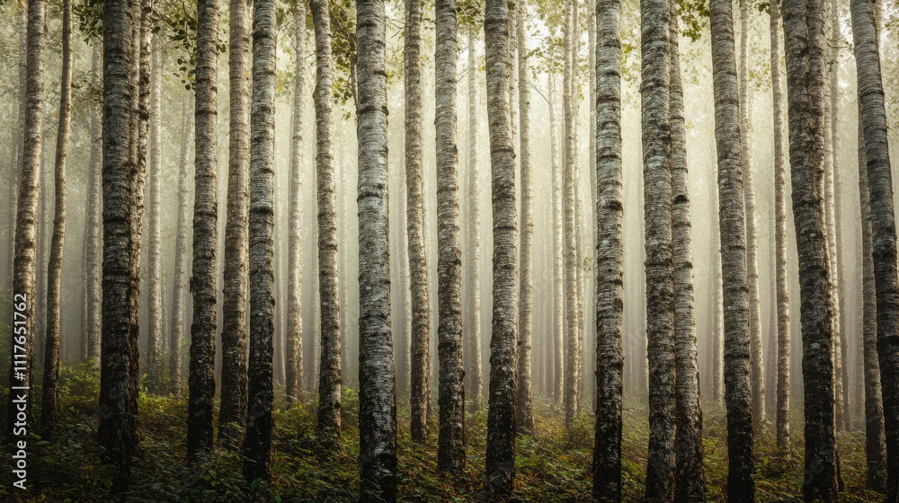 Enchanting birch forest with tall, slender trees and soft morning light filtering through, creating a serene and mystical atmosphere in the lush greenery. Enchanting birch forest with tall, slender trees and soft morning light filtering through, creating a serene and mystical atmosphere in the lush greenery.