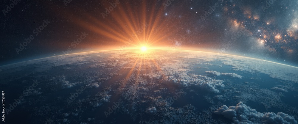 A breathtaking view captures the moment the sun rises over the curvature of Earth, casting golden rays that pierce through the atmosphere. The scene is adorned with swirling clouds and a backdrop of A breathtaking view captures the moment the sun rises over the curvature of Earth, casting golden rays that pierce through the atmosphere. The scene is adorned with swirling clouds and a backdrop of