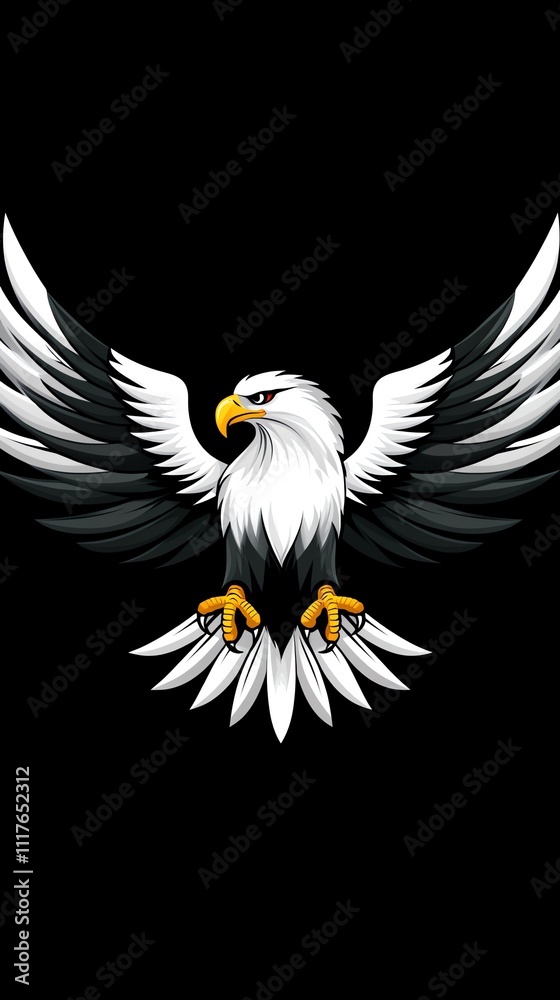 Obraz premium A stylized eagle with outstretched wings, depicted in black, white, and yellow colors.