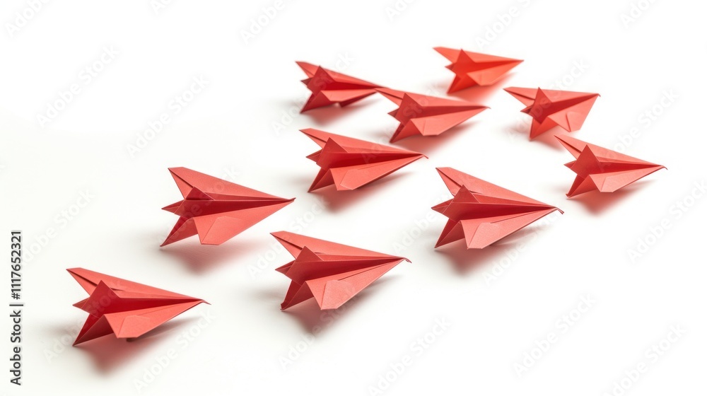 Red paper airplanes arranged in a diagonal formation against a white background. Red paper airplanes arranged in a diagonal formation against a white background.