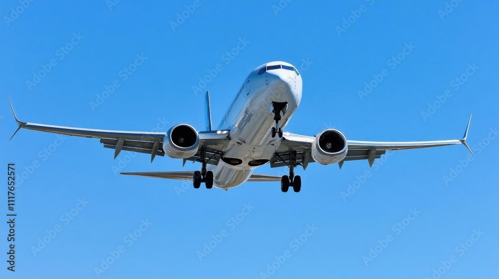 An airplane approaching for landing against a clear blue sky. An airplane approaching for landing against a clear blue sky.