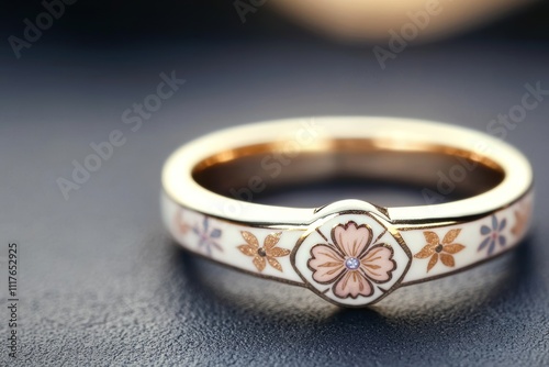 Exquisite Porcelain Ring, Delicate floral inlay on a gold band. A touch of elegance photo