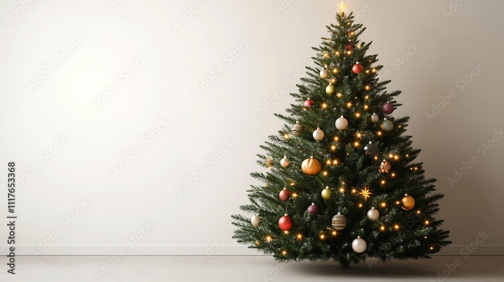 Festive Christmas Tree with Twinkling Lights and Colorful Ornaments on Minimalist Background Festive Christmas Tree with Twinkling Lights and Colorful Ornaments on Minimalist Background
