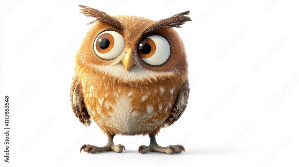 Cute cartoon owl with big expressive eyes and fluffy feathers standing on a white background