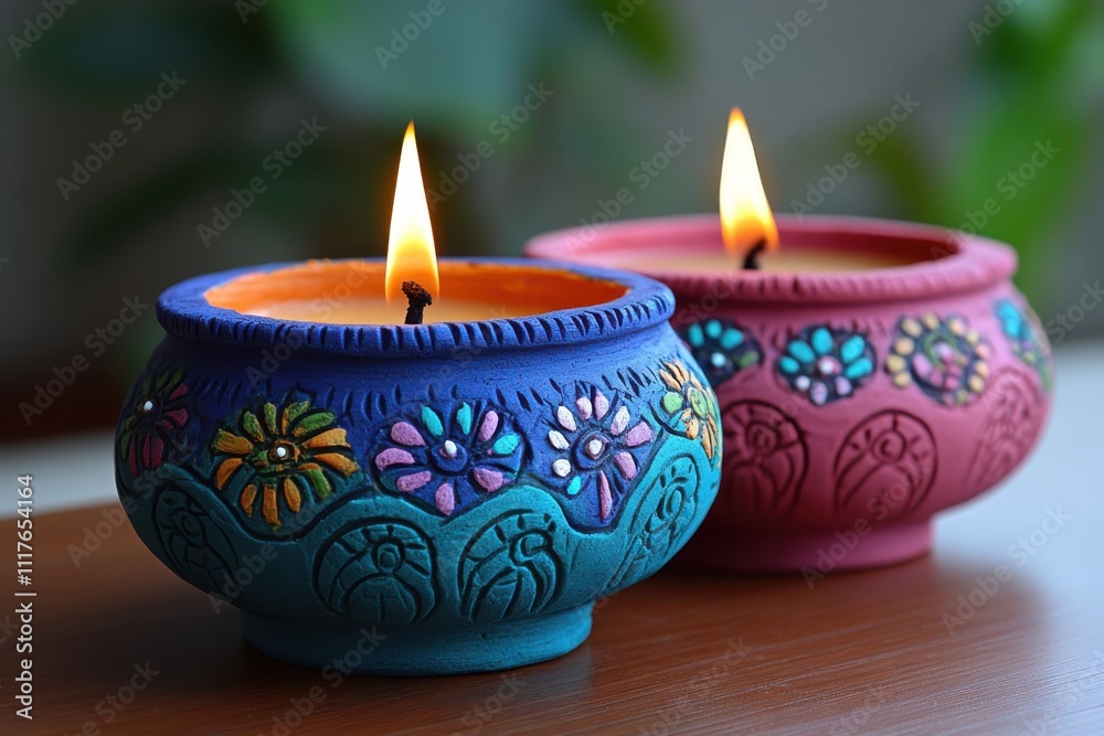 Two decorative candles with vibrant designs, lit and placed on a wooden surface. Two decorative candles with vibrant designs, lit and placed on a wooden surface.