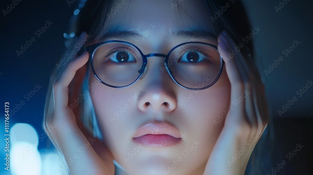 Fototapeta premium A woman with glasses holds her face in distress, highlighting her eye issue. The vibrant lighting enhances the emotional tension, revealing a blend of concern and surprise